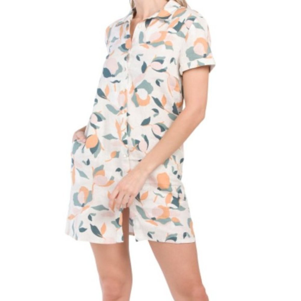 Rachel Zoe 100% Linen Floral Print Button Up Tee Shirt Dress Size Small